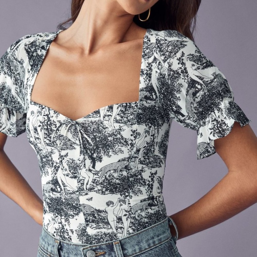 Reformation White and Black Toile Square-Neck Puff Sleeve Blouse